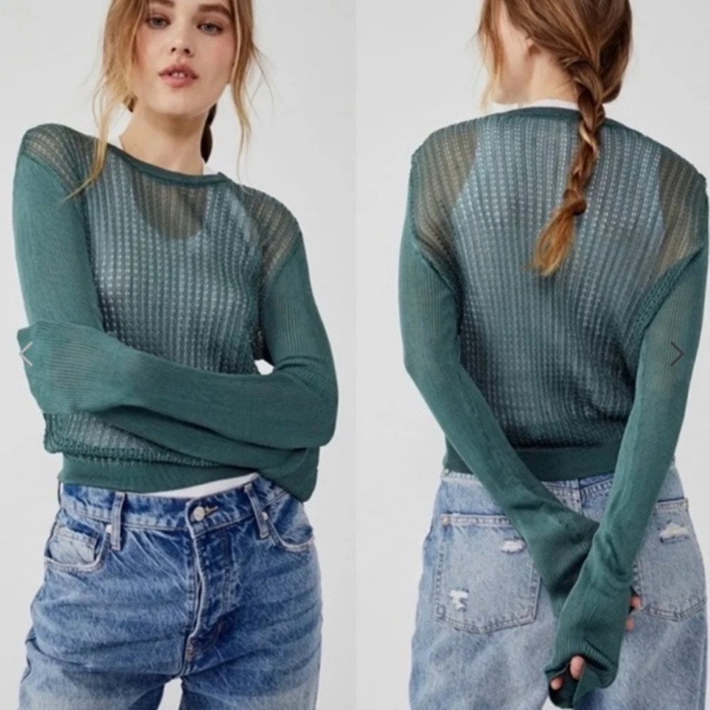 Free People H20 Crew Pullover Top Sweater jaded Green M